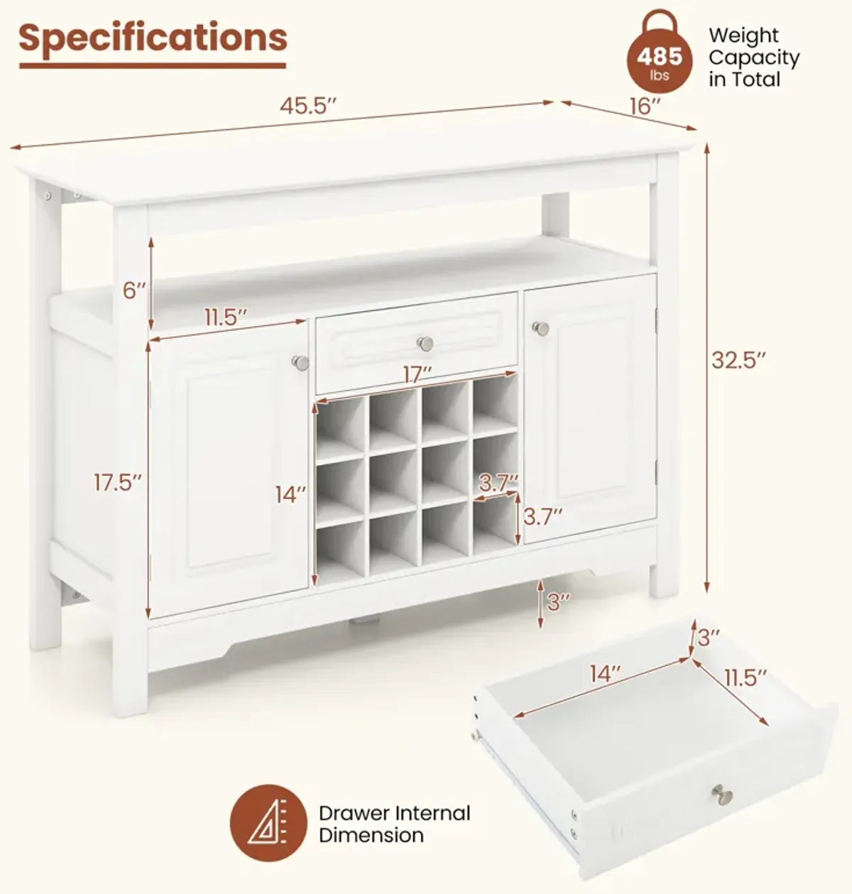 Buffet Sideboard Wine Liquor Coffee Bar Cabinet with Removable Wine Rack-White