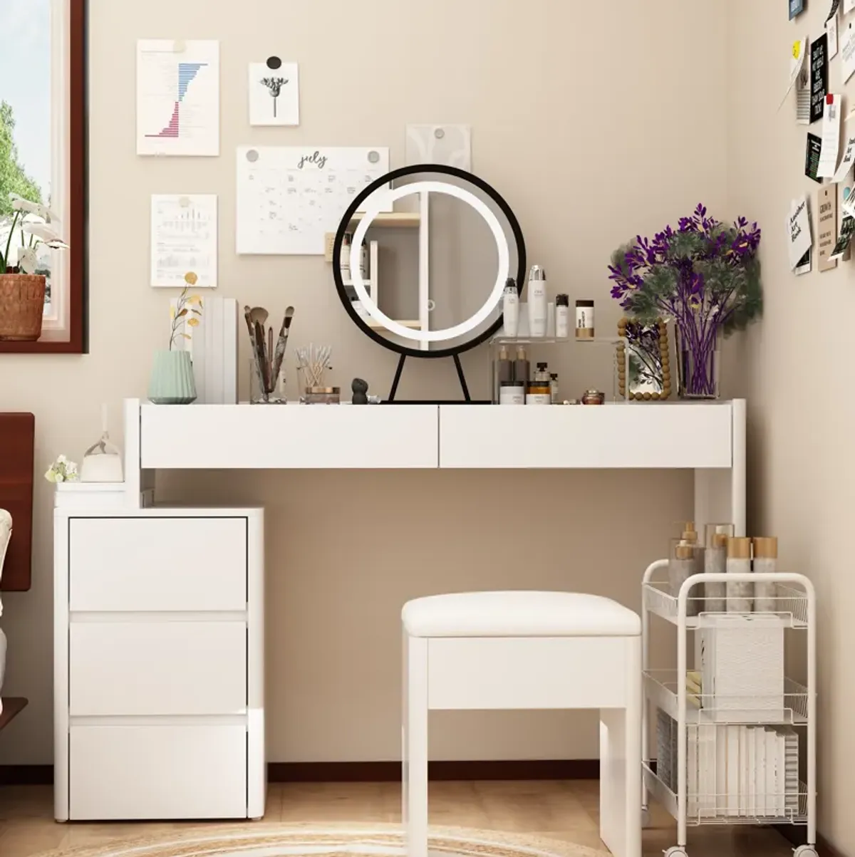 White Makeup Vanity Sets Wood Dressing Desk With 5-Drawers, See-Through Glass Top, Round LED Dimmable Mirror and Stool