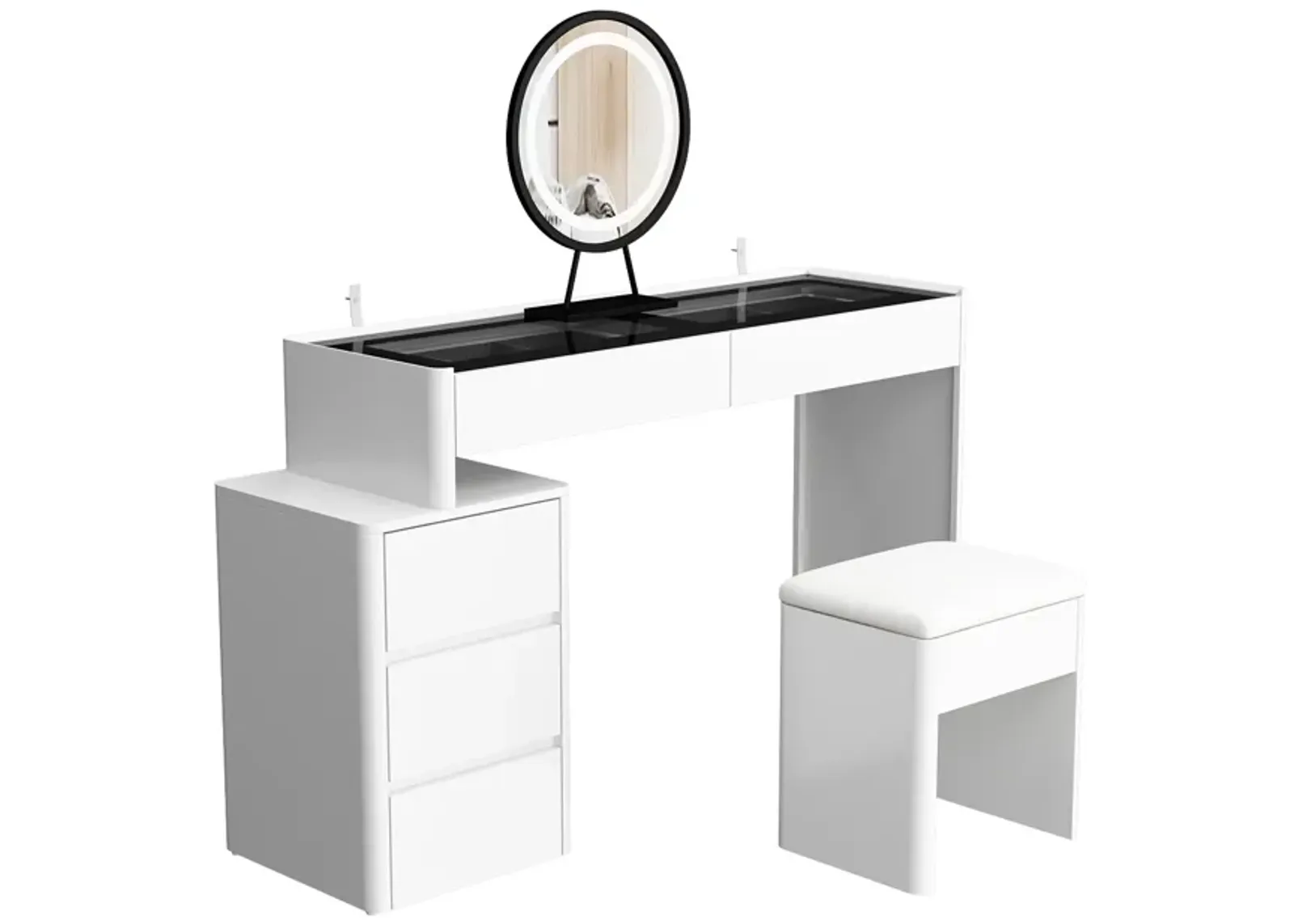 White Makeup Vanity Sets Wood Dressing Desk With 5-Drawers, See-Through Glass Top, Round LED Dimmable Mirror and Stool