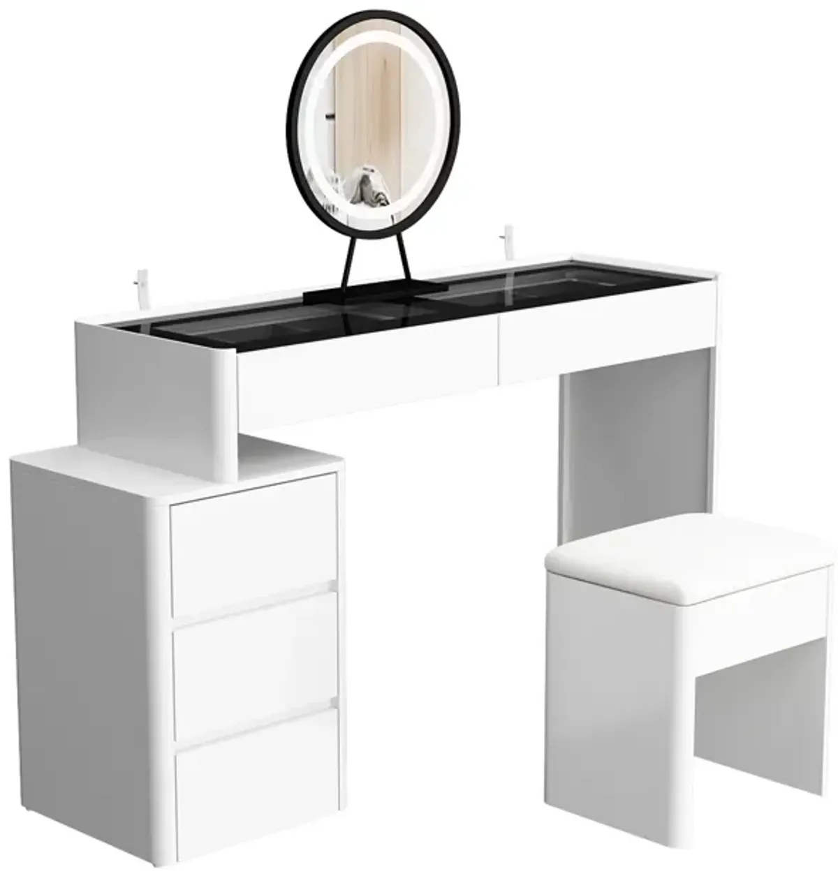 White Makeup Vanity Sets Wood Dressing Desk With 5-Drawers, See-Through Glass Top, Round LED Dimmable Mirror and Stool