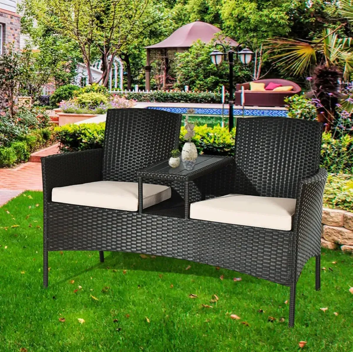 Modern Patio Conversation Set with Built-in Coffee Table and Cushions