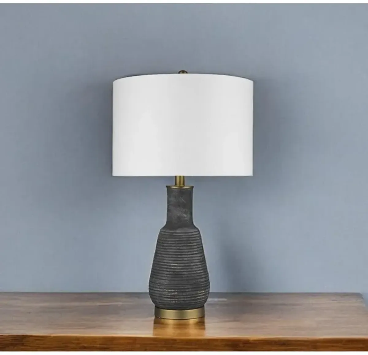 Hivvago 26" Distressed Black and Gold Ceramic Table Lamp With White Drum Shade
