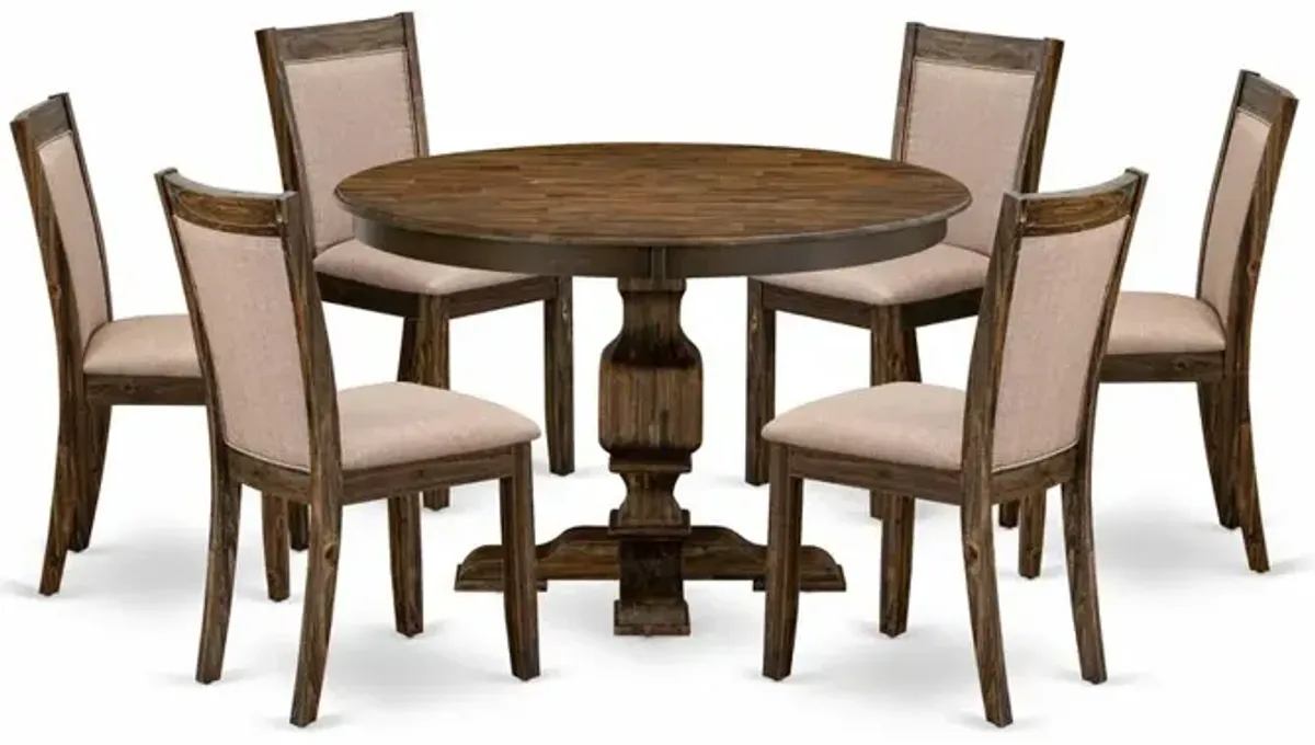 East West Furniture 7 Piece Kitchen Table Set Contains a Dinner Table and 6 Dark Khaki Linen Fabric Mid Century Modern Chairs with High Back - Distressed Jacobean Finish