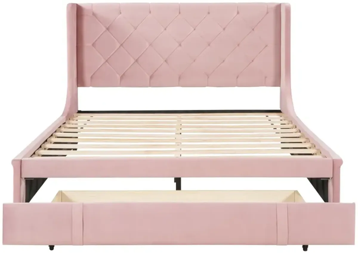 Queen Size Storage Bed Velvet Upholstered Platform Bed With Wingback Headboard And Big Drawer