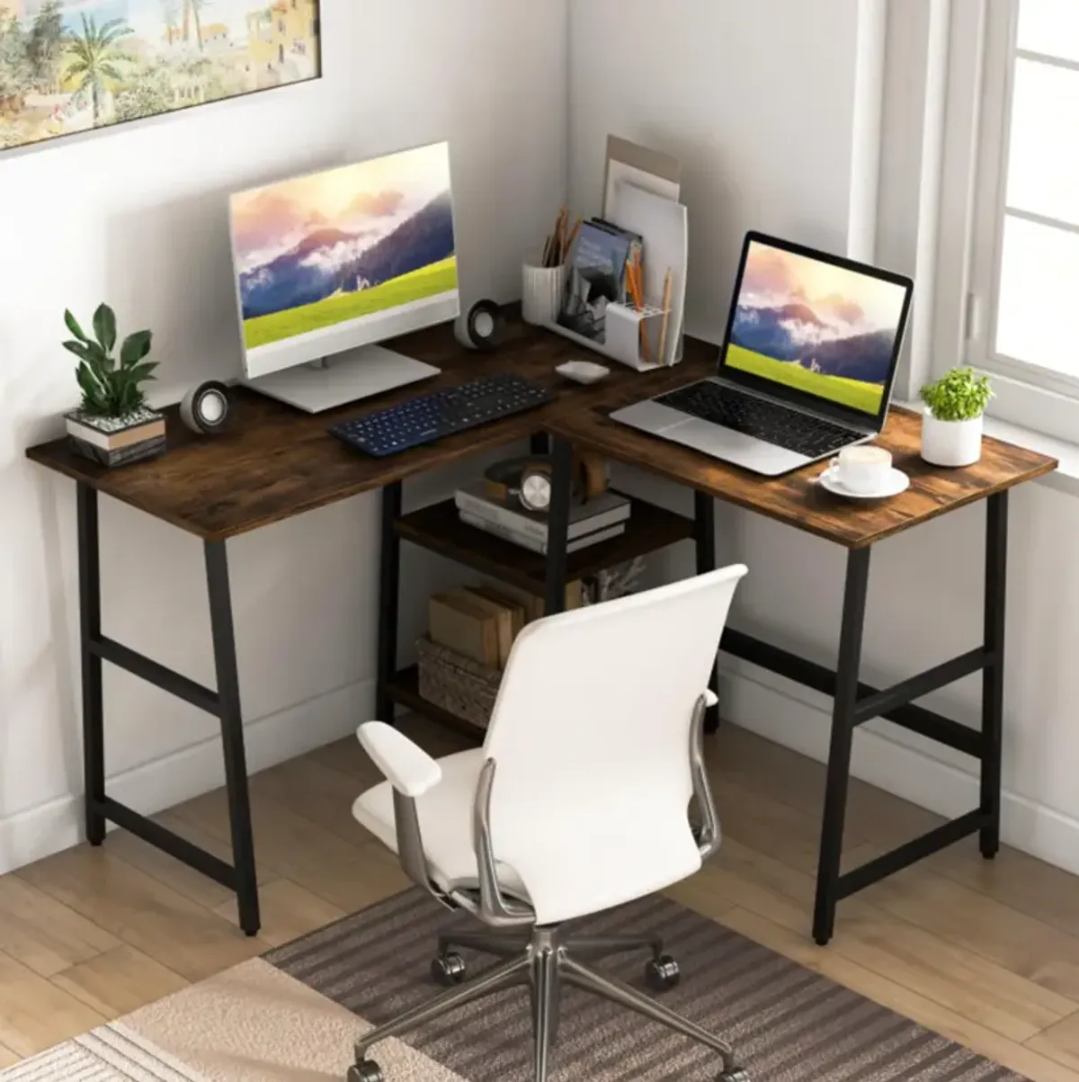 Hivvago L Shaped Corner Computer Desk with Storage Shelves