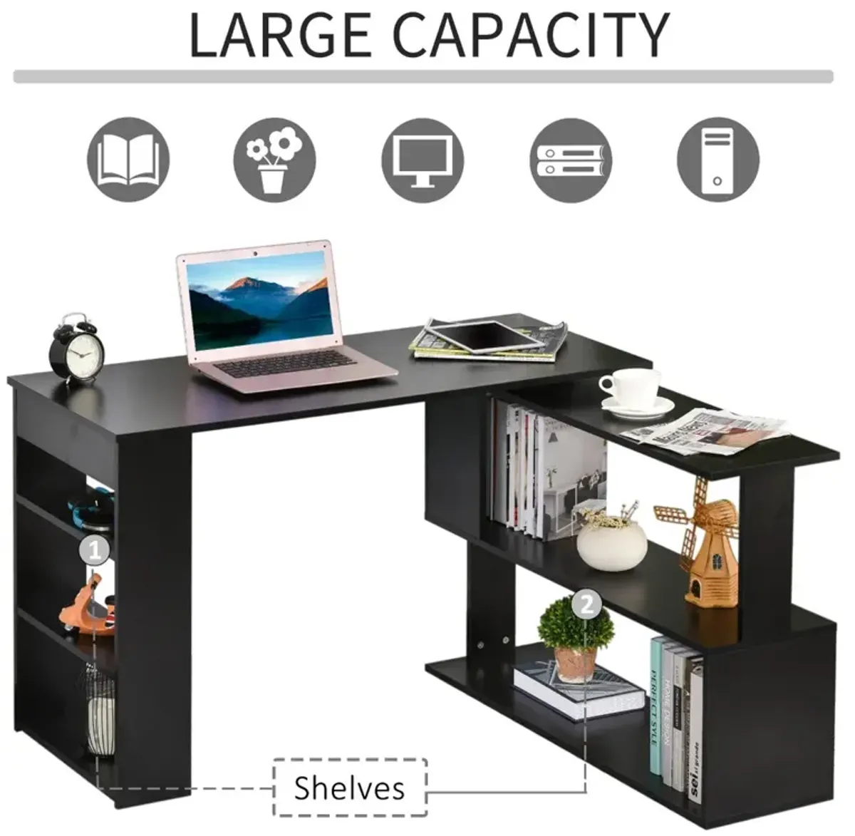 Black Home Office Solution: 360° Rotating L-Shaped Desk with Storage