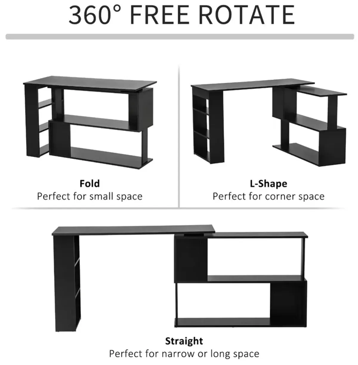 Black Home Office Solution: 360° Rotating L-Shaped Desk with Storage