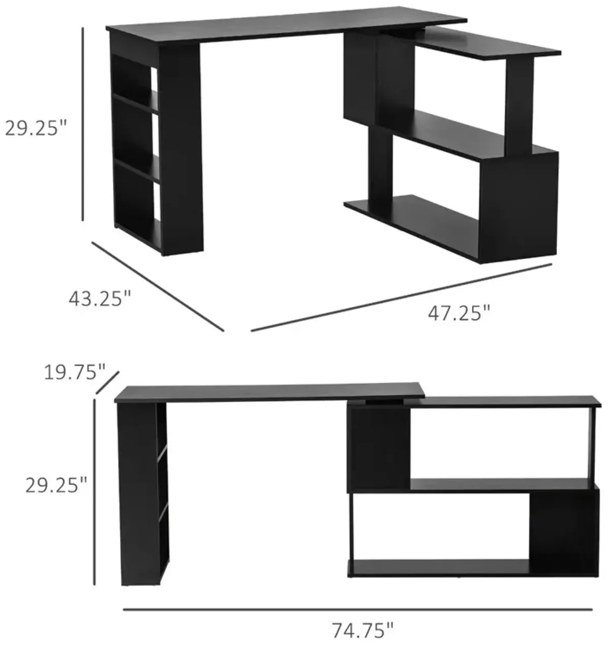 Black Home Office Solution: 360° Rotating L-Shaped Desk with Storage