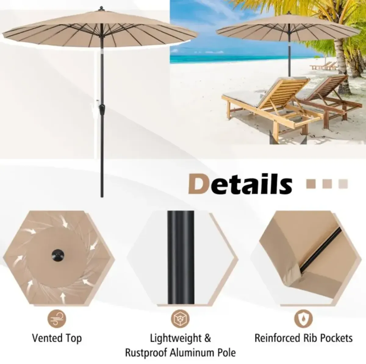 Hivvago 9 Feet Round Patio Umbrella with 18 Fiberglass Ribs