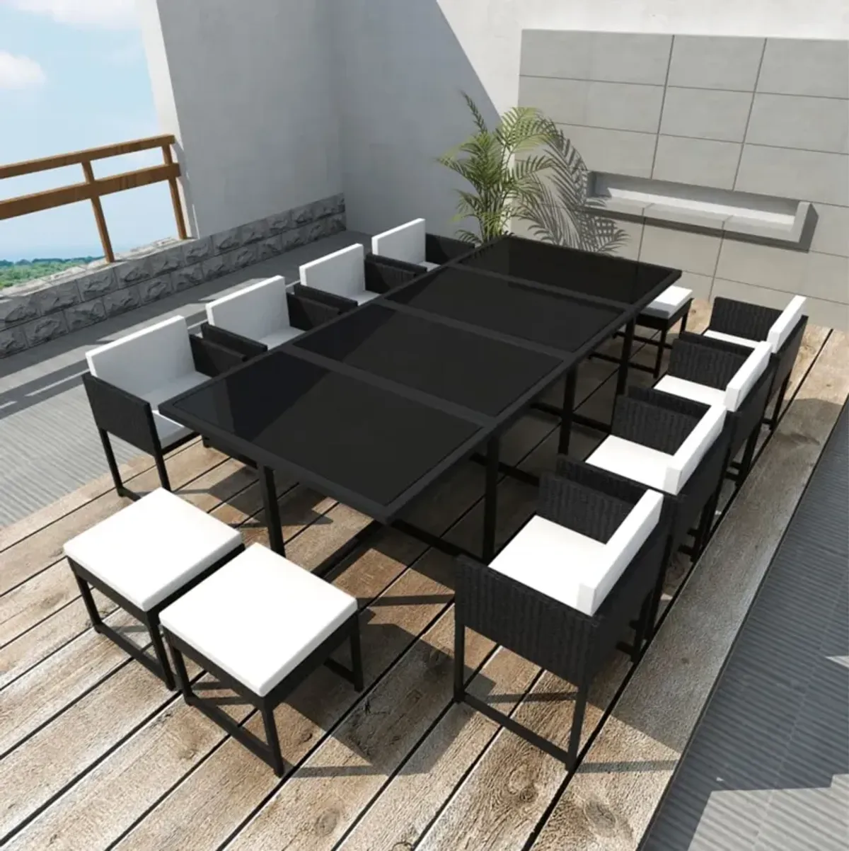 vidaXL 13 Piece Outdoor Dining Set with Cushions Poly Rattan Black