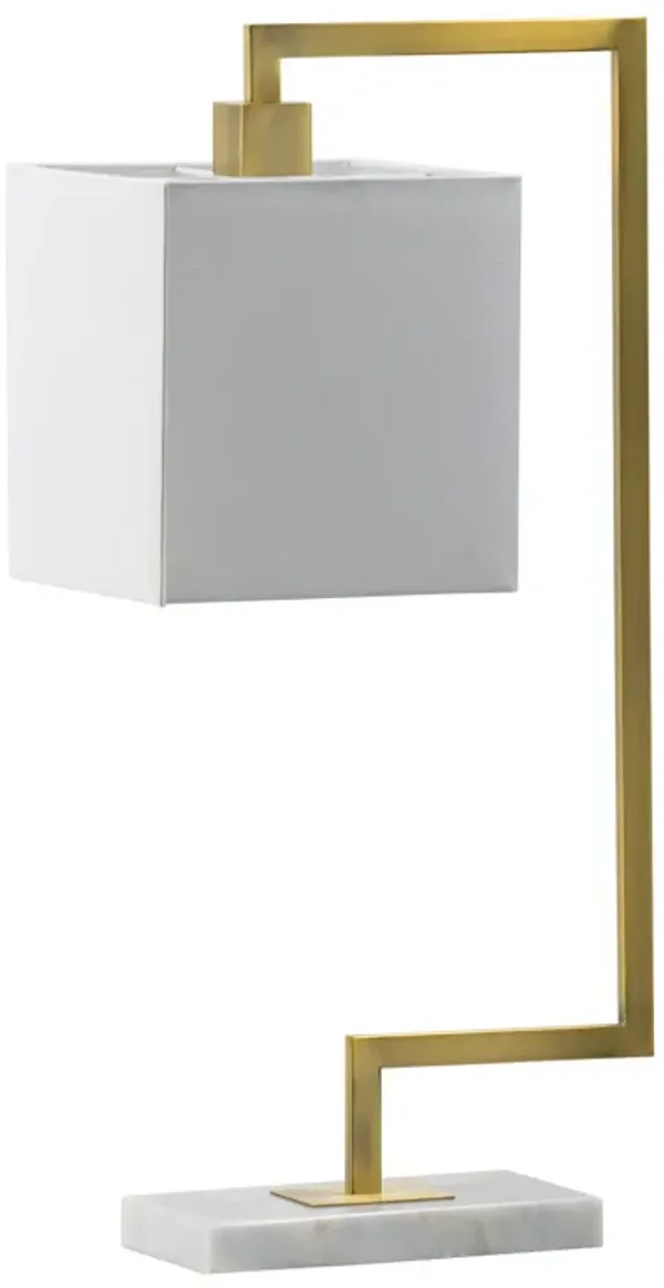 25 Inch Modern Geometric Table Lamp, Square Shade, White Marble Base, Gold - Benzara