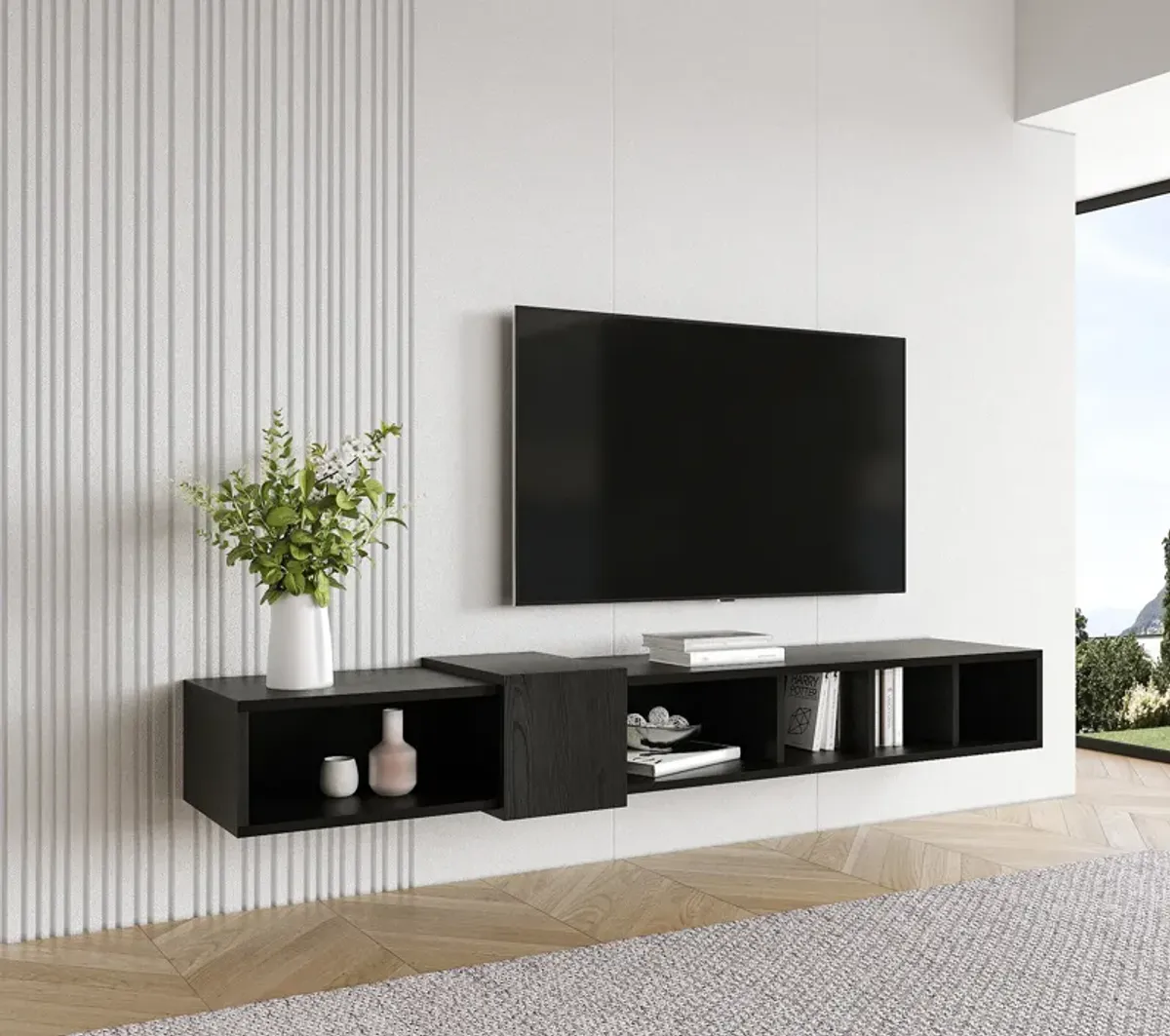 Belt Floating Tv Stand Wooden Black-Wooden White