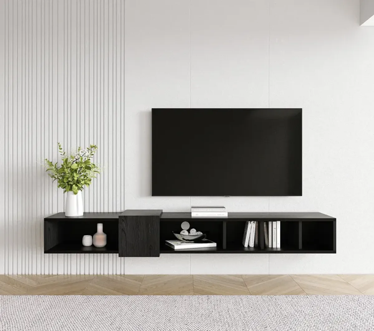 Belt Floating Tv Stand Wooden Black-Wooden White