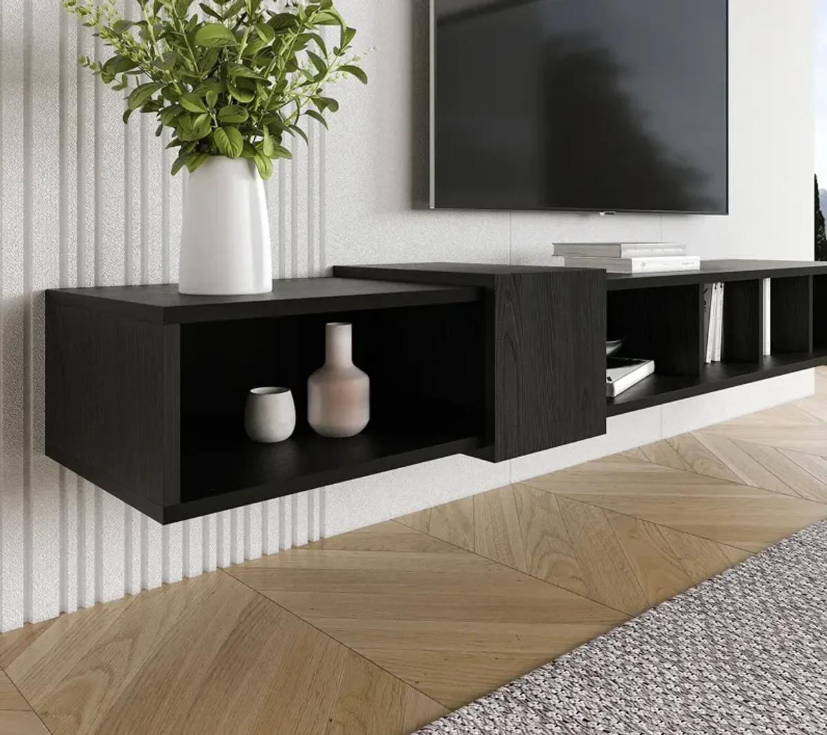 Belt Floating Tv Stand Wooden Black-Wooden White