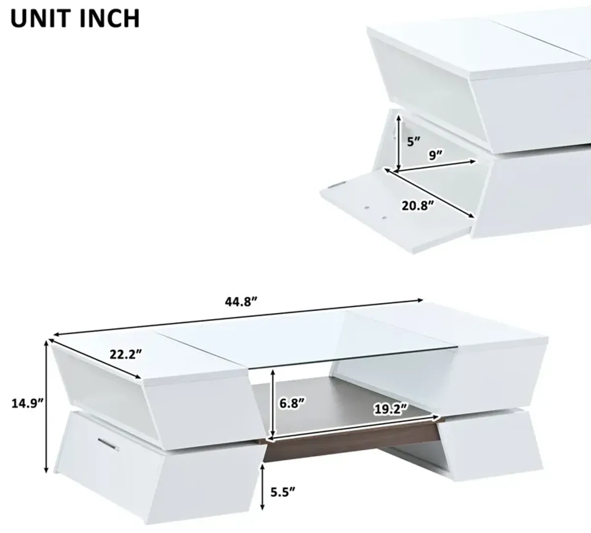 6mm Glass-Top Coffee Table with Open Shelves and Cabinets, Geometric Style Cocktail Table with Great Storage Capacity, Modernist 2-Tier Center Table for Living Room