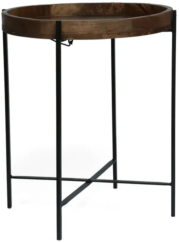 Peo Modern Side End Table, 22 Inch Round Wood Tray, Black Metal Base - Benzara