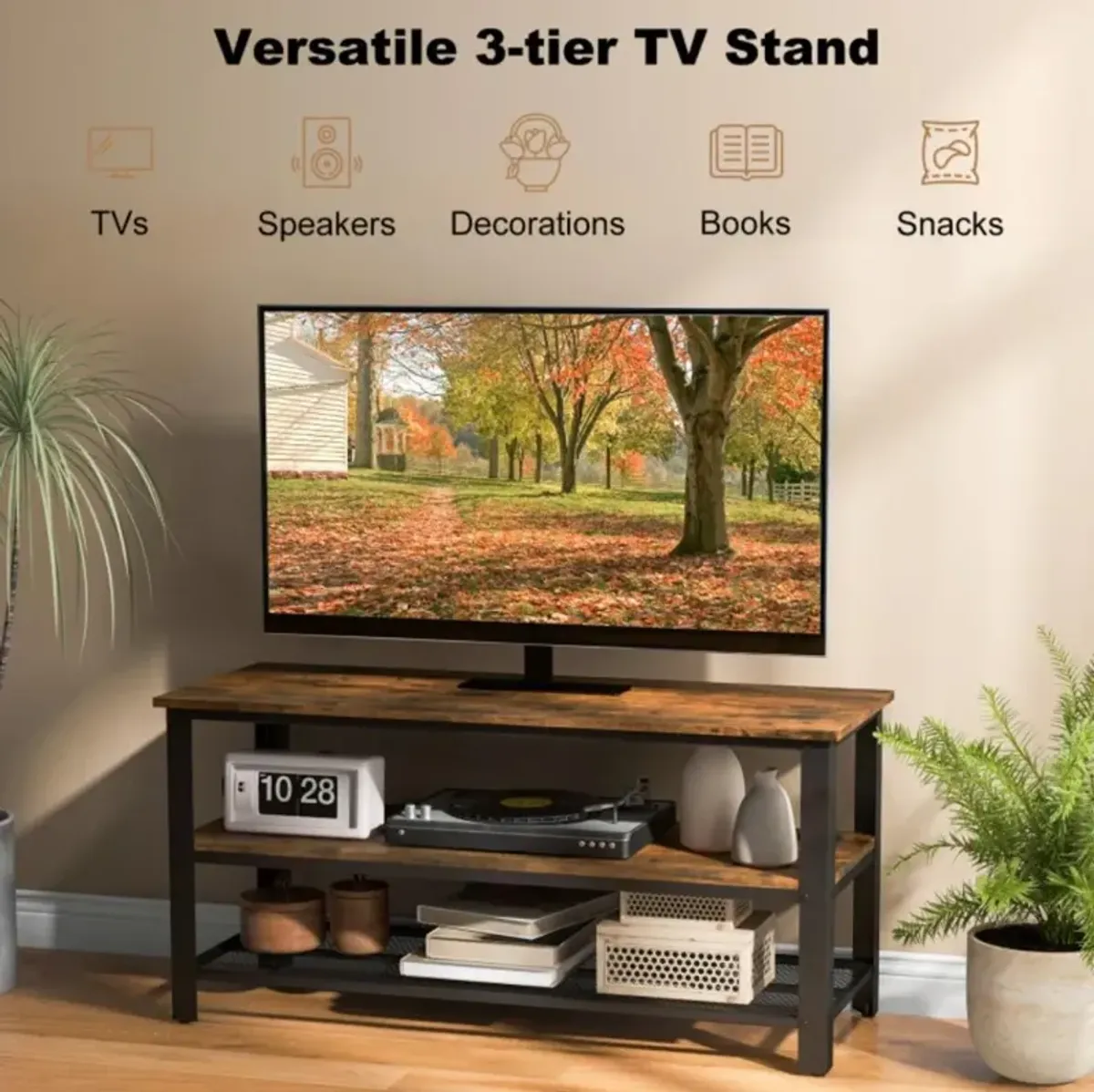 Hivvago Industrial TV Stand up to 50 Inches with Power Outlets and USB Ports-Rustic Brown