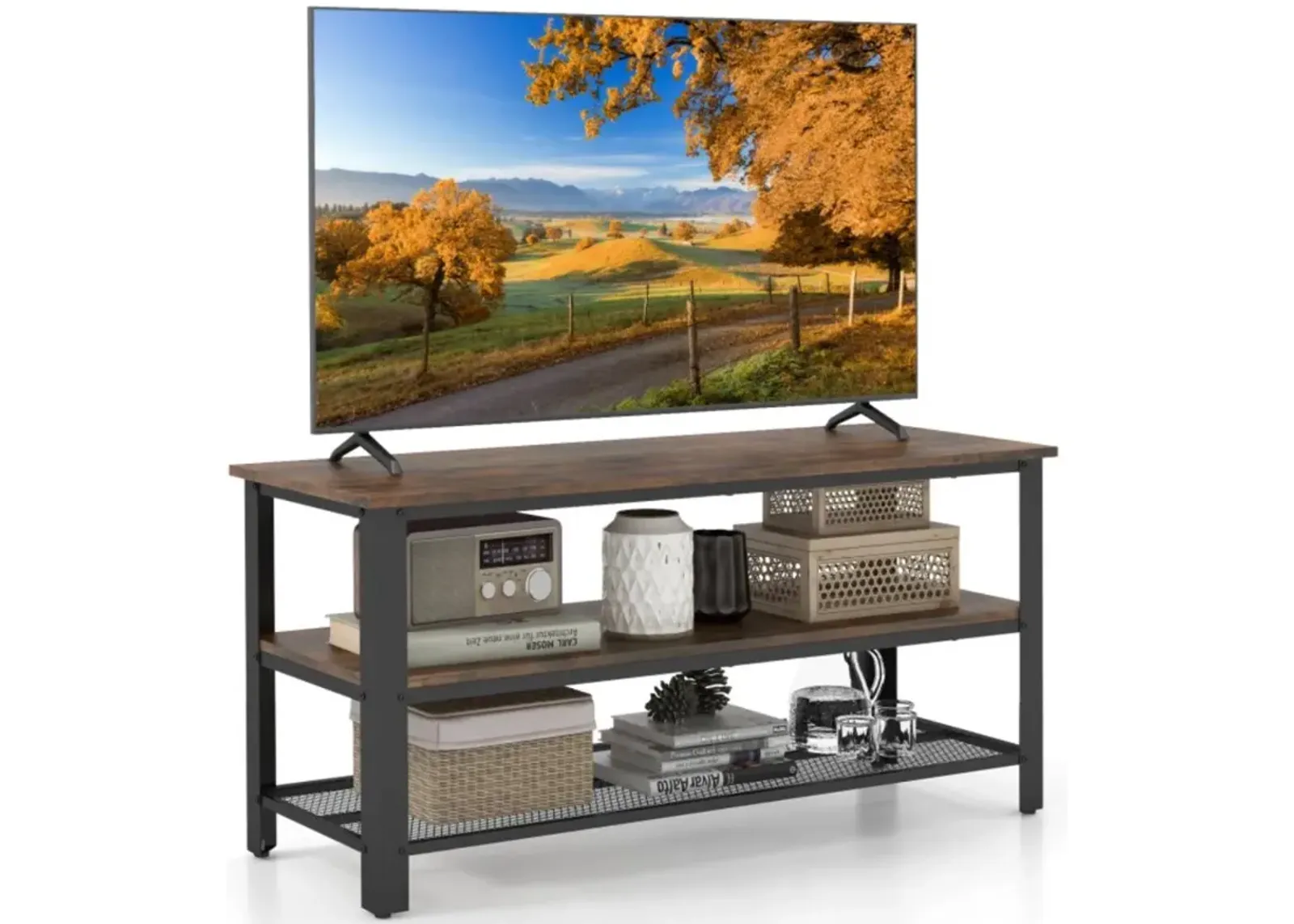 Hivvago Industrial TV Stand up to 50 Inches with Power Outlets and USB Ports-Rustic Brown