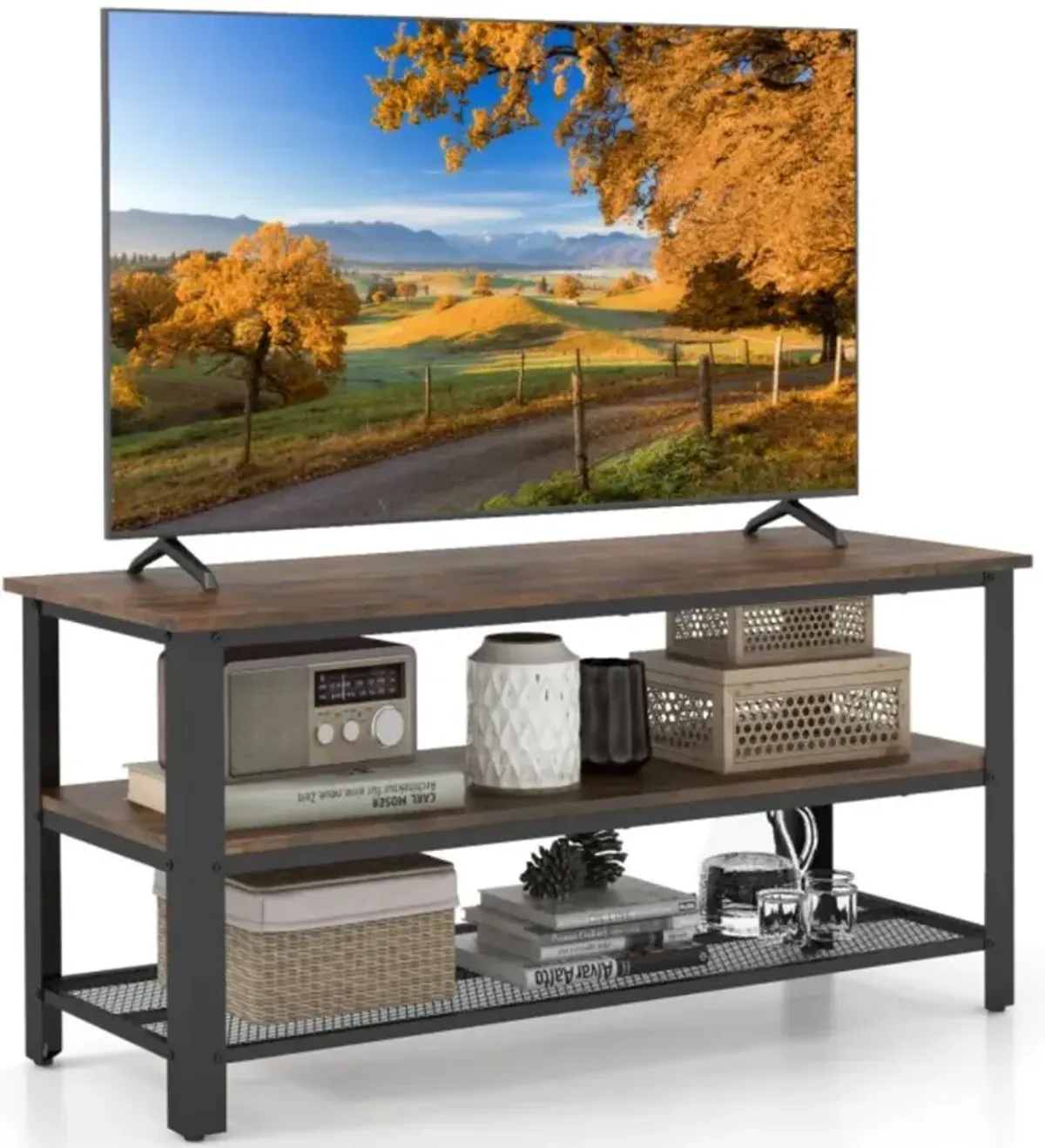 Hivvago Industrial TV Stand up to 50 Inches with Power Outlets and USB Ports-Rustic Brown