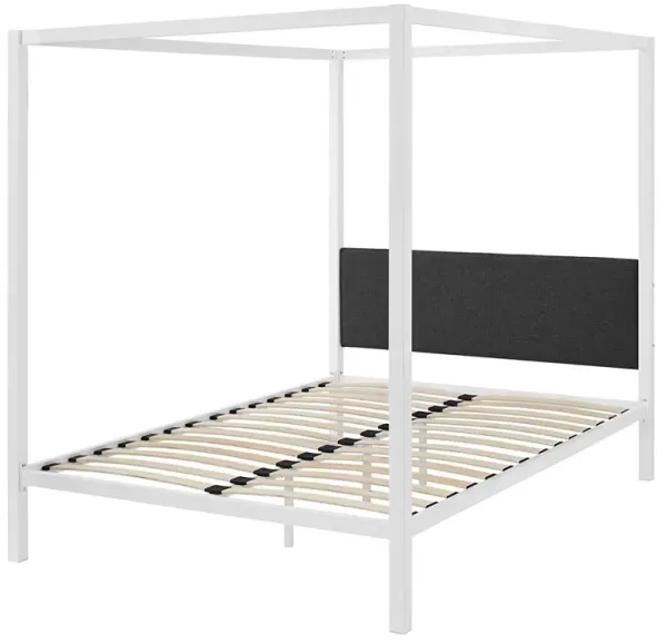 Industrial Canopy Bed Frame with Fabric Upholstered Headboard – Metal Design