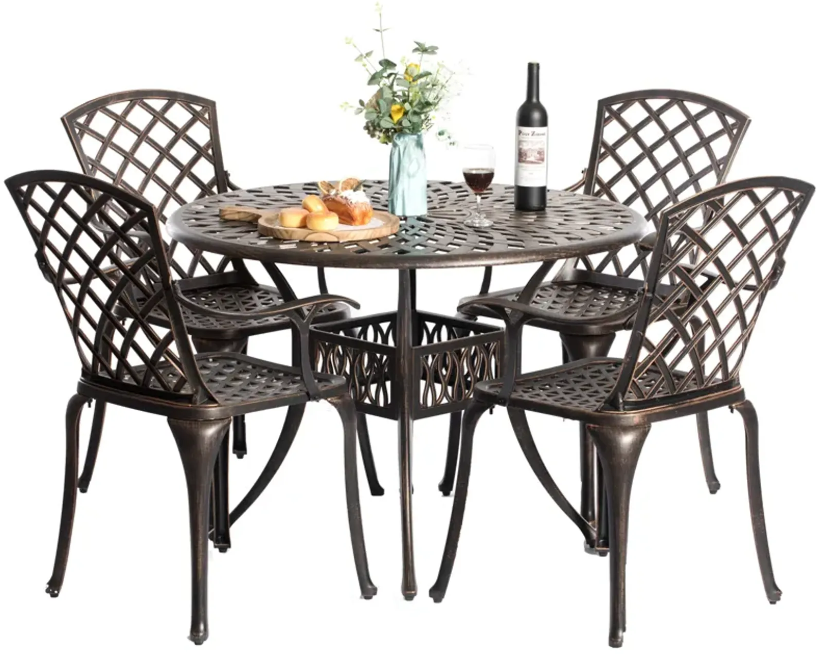 Outdoor and Indoor Bronze Dinning Set 4 Chairs with 1 Table Bistro Patio Cast Aluminum.