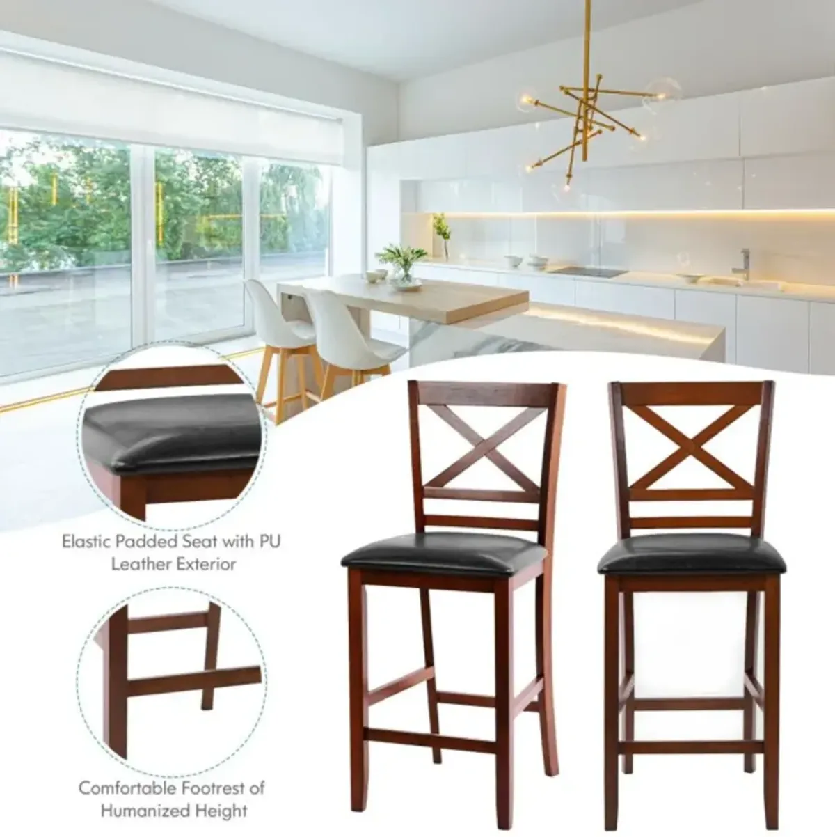 Hivvago Set of 2 Bar Stools 25 Inch Counter Height Chairs with PU Leather Seat