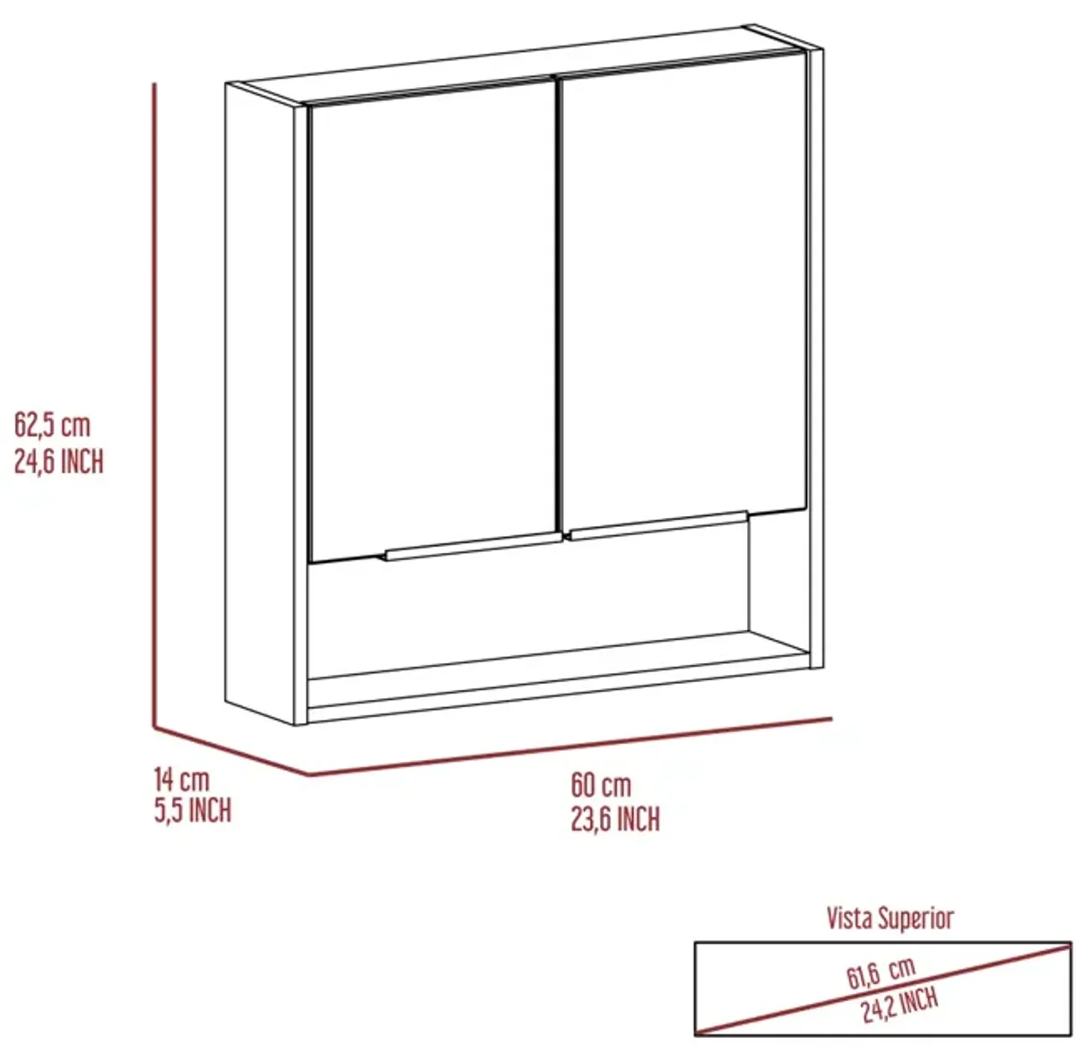 Jaspe Mirror Cabinet, Three Internal Shelves, One Open Shelf, Double Door Cabinet