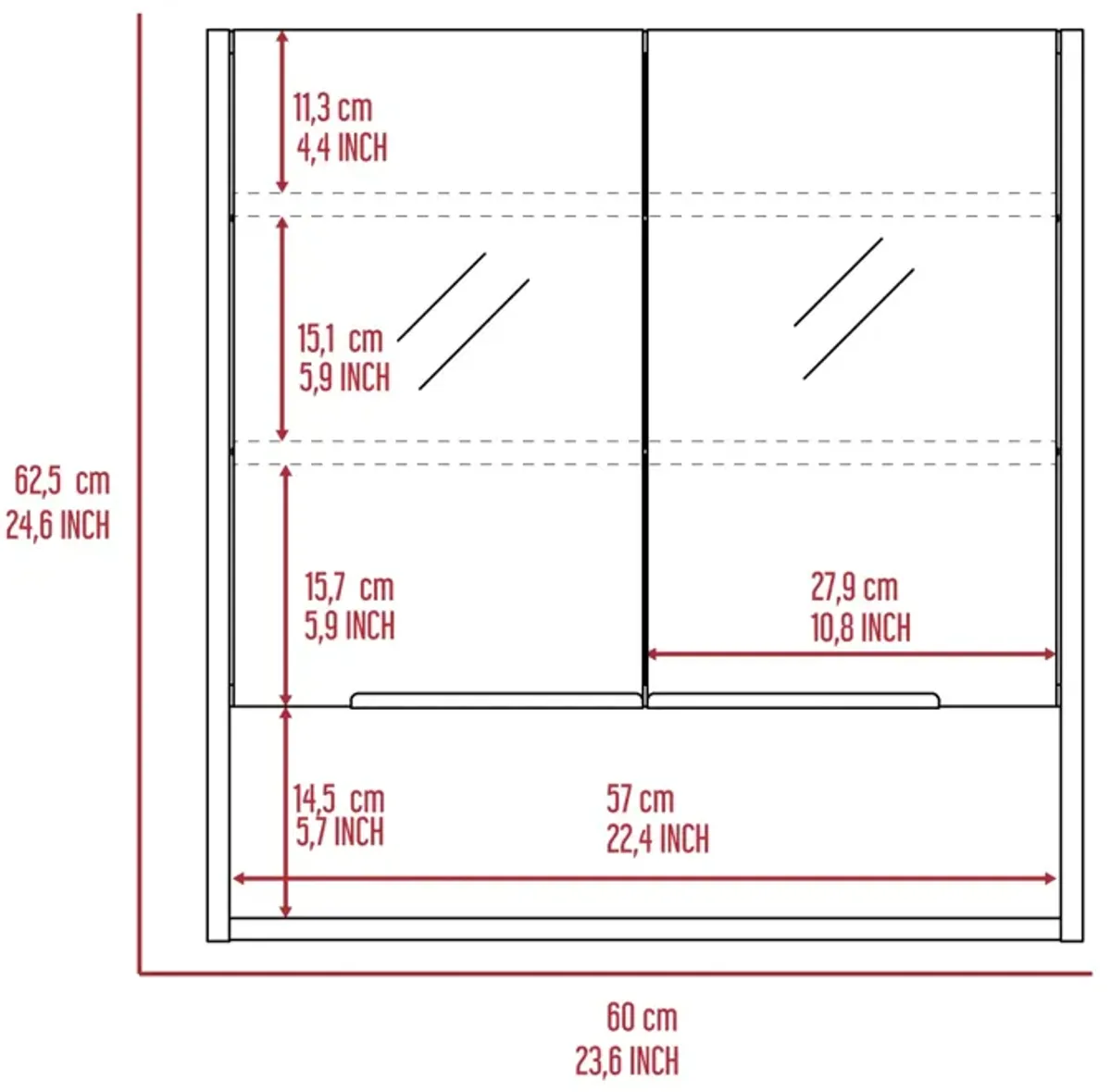 Jaspe Mirror Cabinet, Three Internal Shelves, One Open Shelf, Double Door Cabinet