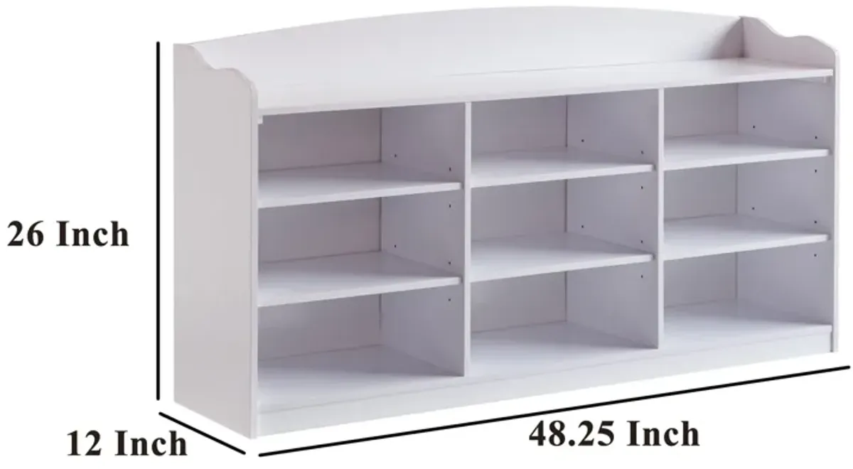 Hale Shoe Bench, 48 Inch Top, 9 Open Compartments, Modern White Finish - Benzara