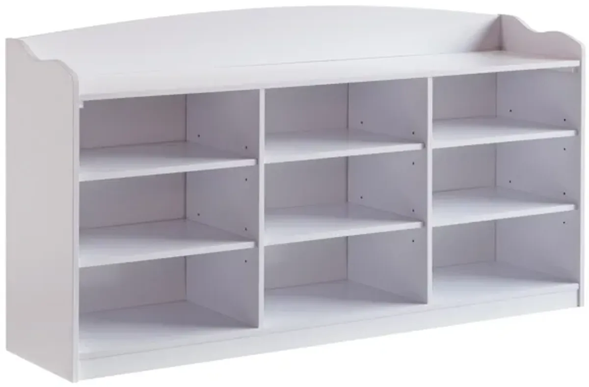 Hale Shoe Bench, 48 Inch Top, 9 Open Compartments, Modern White Finish - Benzara