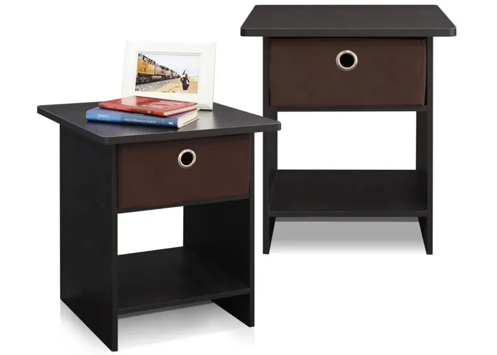 Furinno 2-10004EX End Table/ Night Stand Storage Shelf with Bin Drawer, Espresso/Brown, Set of two