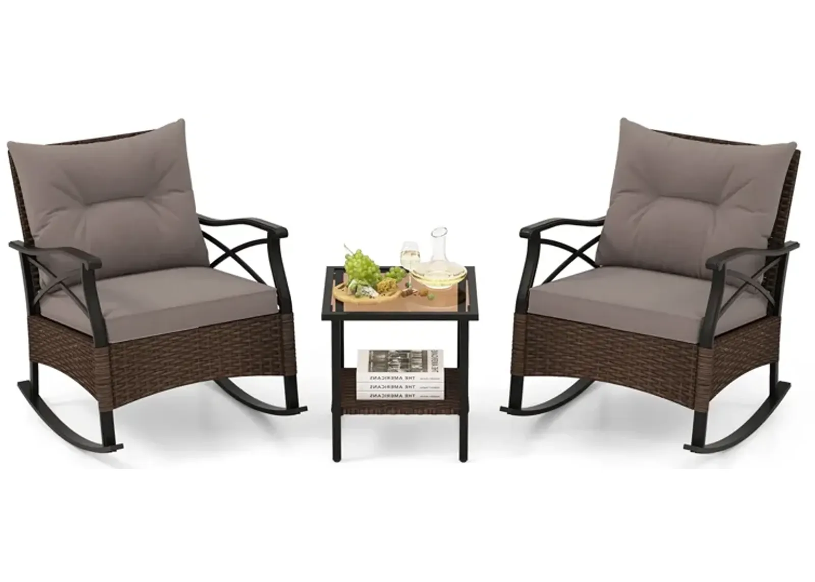 3-Piece Outdoor Rattan Rocking Chairs Set with 2-Tier Side Table for Garden and Backyard