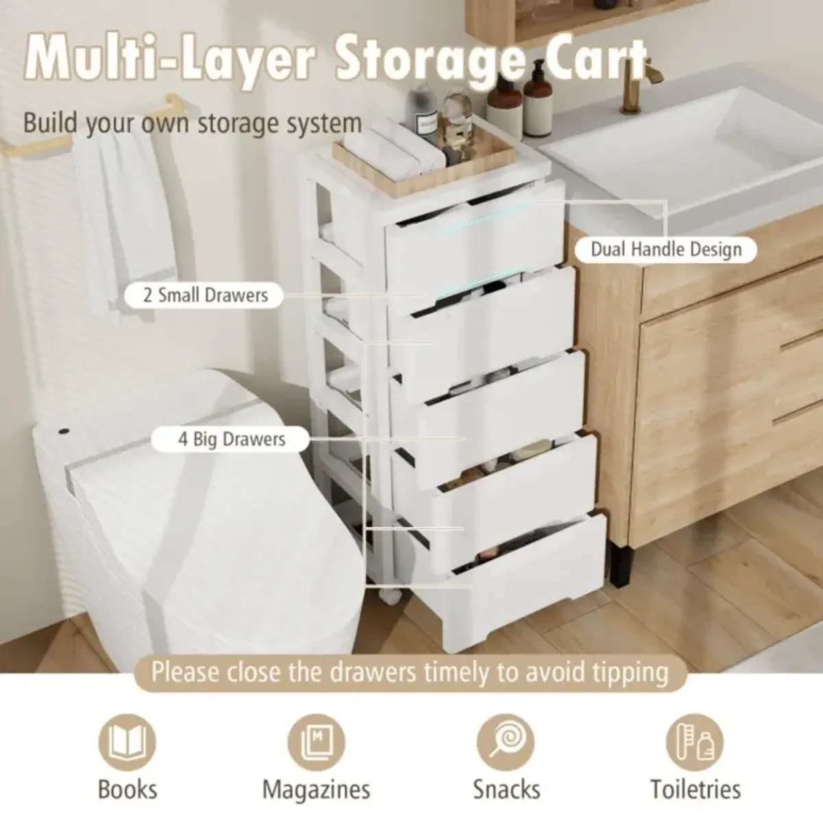 Hivvago Rolling Storage Cabinet with Universal Wheels and Drawers