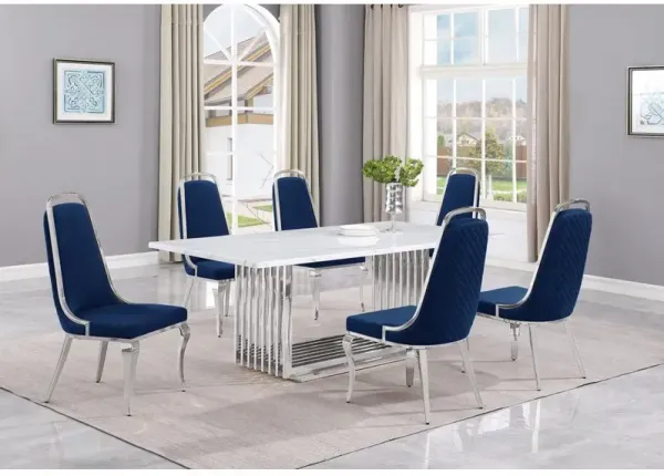 7pc Large(79") marble top dining set with silver base and 6 Navy blue chairs