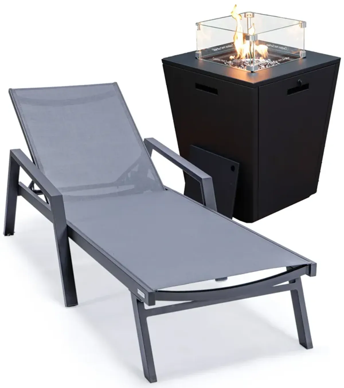 LeisureMod Marlin Black Aluminum Patio Chaise Lounge Chair with Arms & White Fire Pit Table