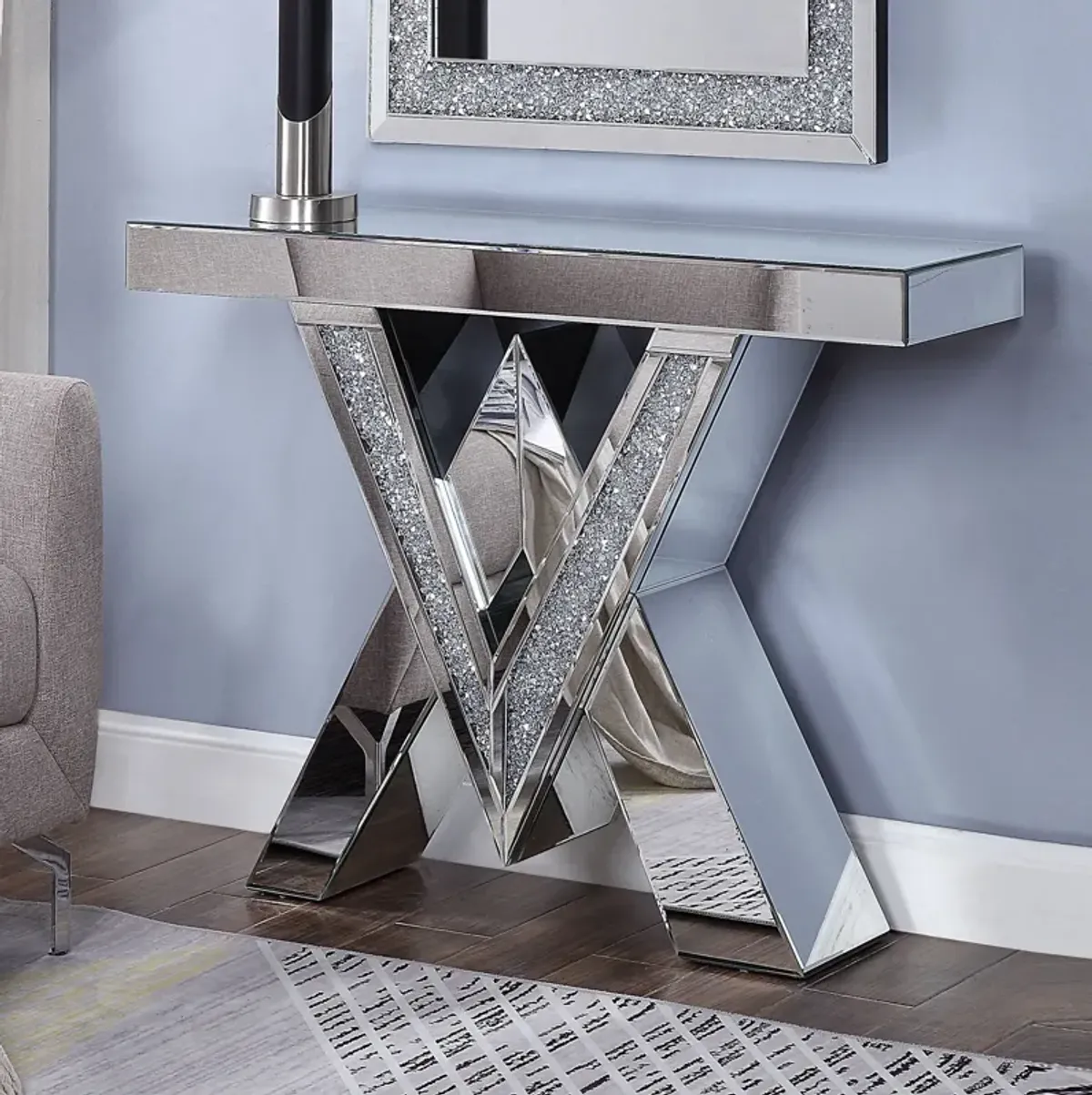 Wood and Mirror Console Table with Interlocking V Shape Base, Clear-Benzara