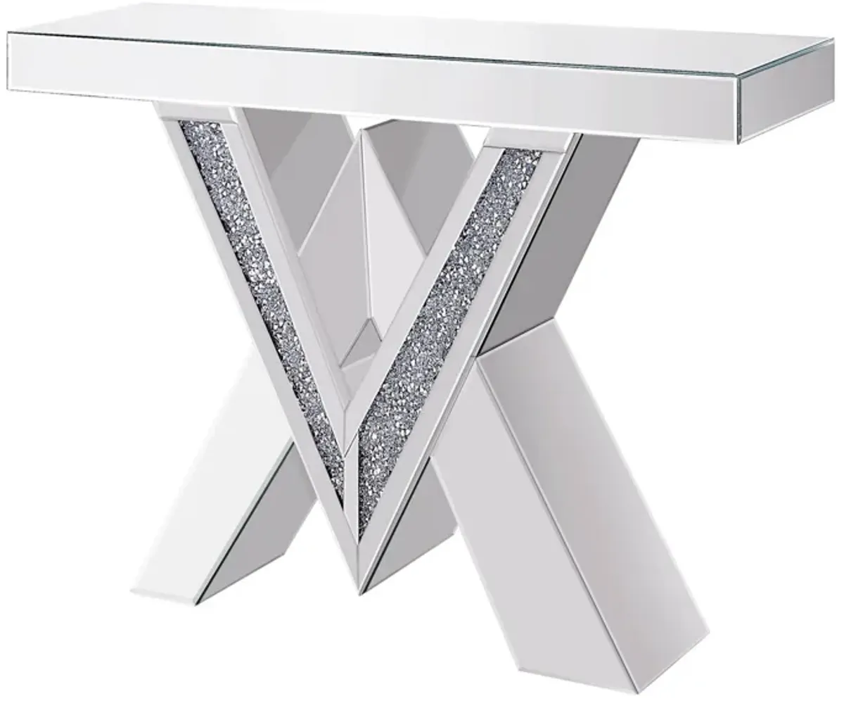 Wood and Mirror Console Table with Interlocking V Shape Base, Clear-Benzara