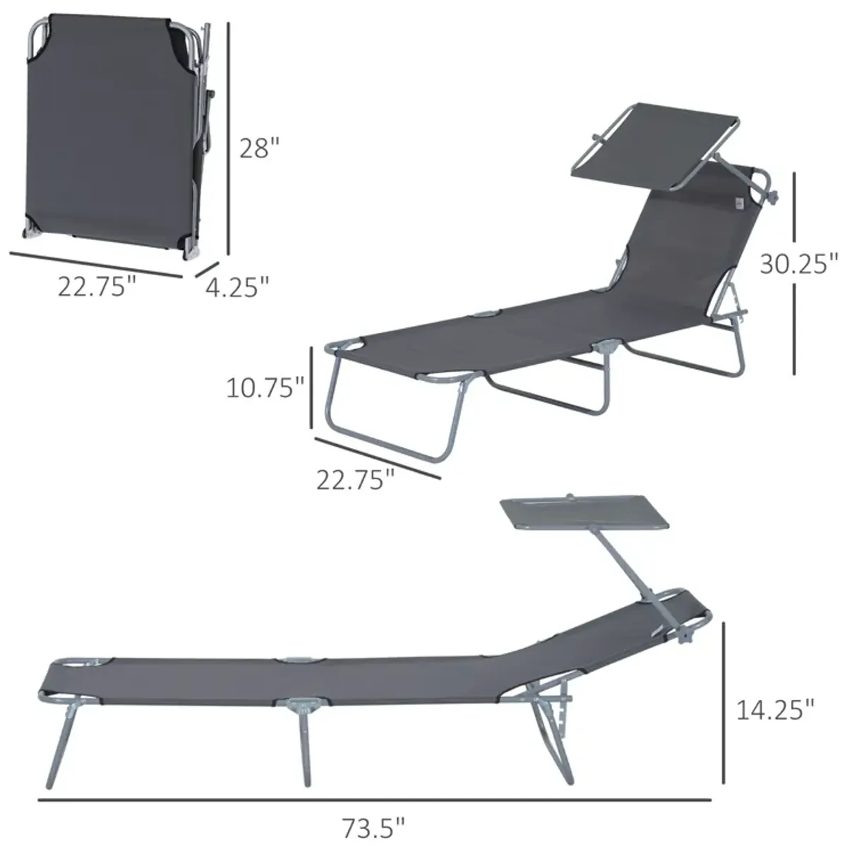 Outsunny Outdoor Lounge Chair, Adjustable Folding Chaise Lounge, Tanning Chair with Sun Shade for Beach, Camping, Hiking, Backyard, Gray