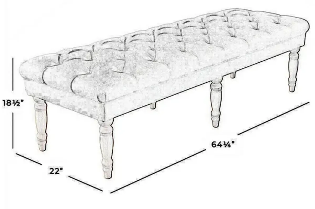 Wooden Bench with Button Tufted Fabric Upholstered Seat and Turned Legs, Cream - Benzara