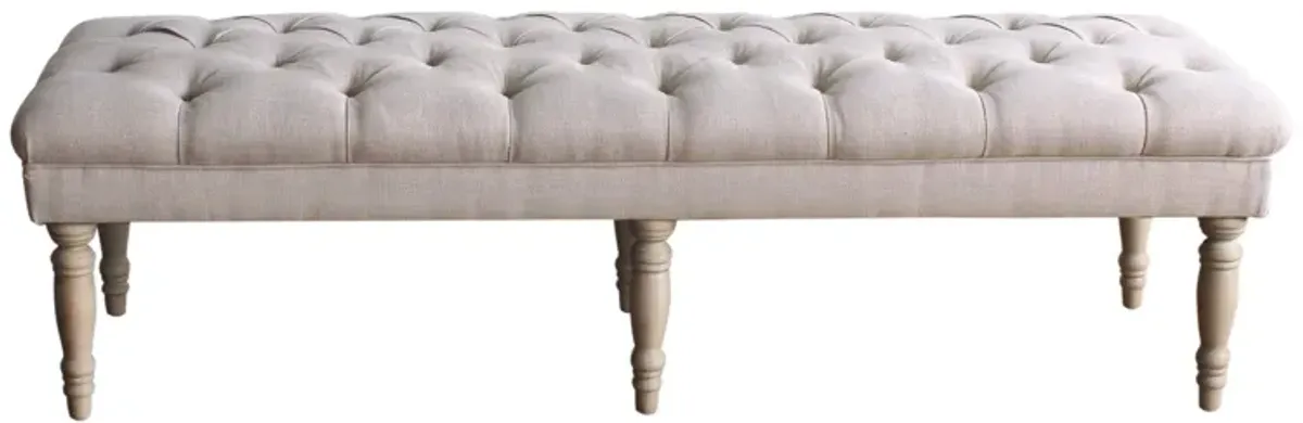 Wooden Bench with Button Tufted Fabric Upholstered Seat and Turned Legs, Cream - Benzara