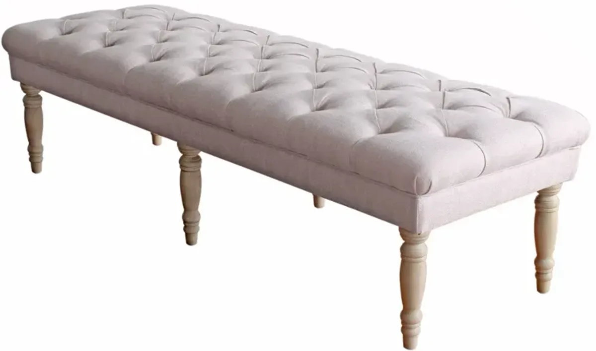 Wooden Bench with Button Tufted Fabric Upholstered Seat and Turned Legs, Cream - Benzara