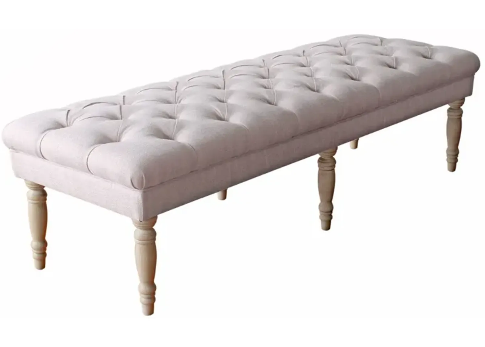 Wooden Bench with Button Tufted Fabric Upholstered Seat and Turned Legs, Cream - Benzara