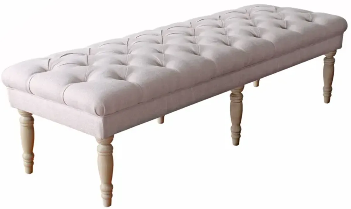 Wooden Bench with Button Tufted Fabric Upholstered Seat and Turned Legs, Cream - Benzara