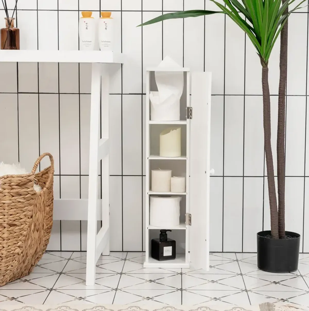 Free Standing Toilet Paper Holder with 4 Shelves and Top Slot for Bathroom