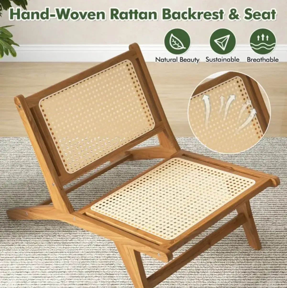 Hivvago Teak Wooden Chair with Handwoven Rattan Seat and Backrest