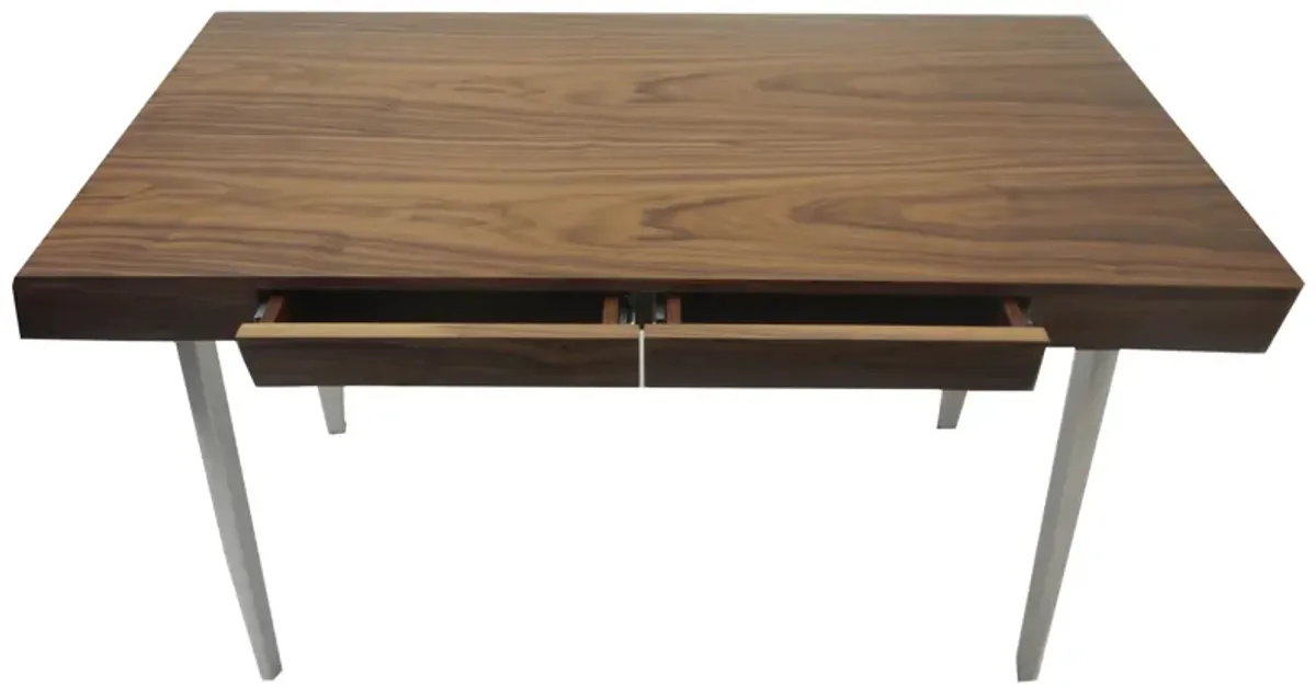 Hle 47 Inch Desk, Walnut Brown Wood Top, 2 Drawers, High Polished Steel - Benzara