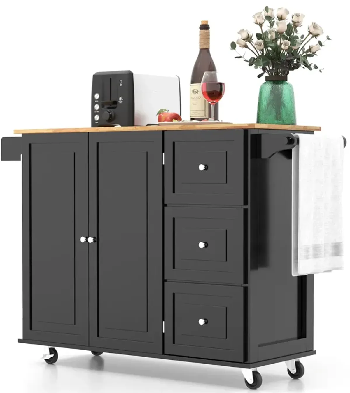 Kitchen Island Trolley Cart Wood with Drop-Leaf Tabletop and Storage Cabinet