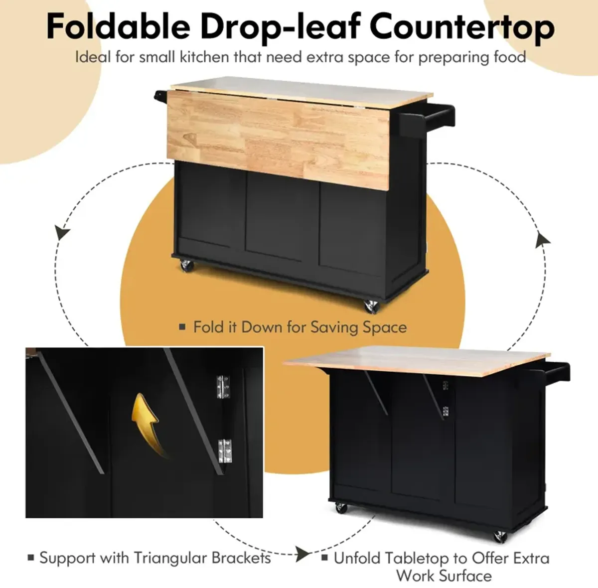 Kitchen Island Trolley Cart Wood with Drop-Leaf Tabletop and Storage Cabinet