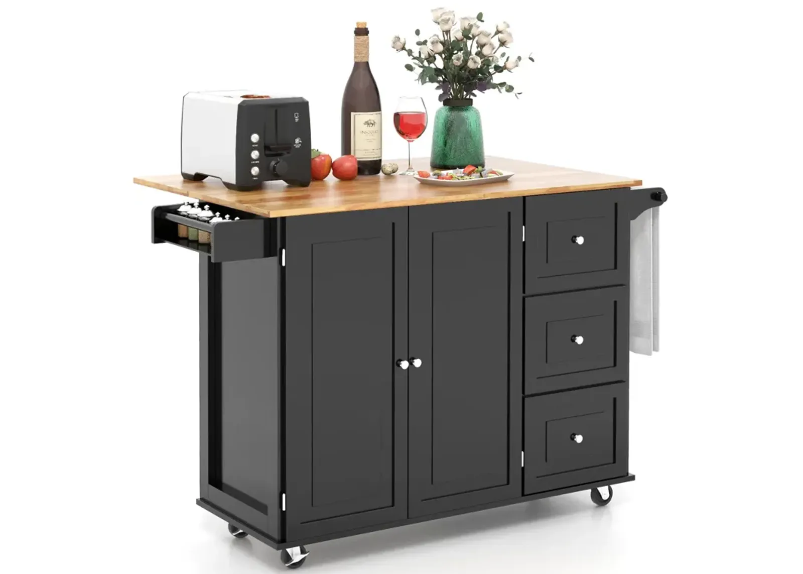 Kitchen Island Trolley Cart Wood with Drop-Leaf Tabletop and Storage Cabinet