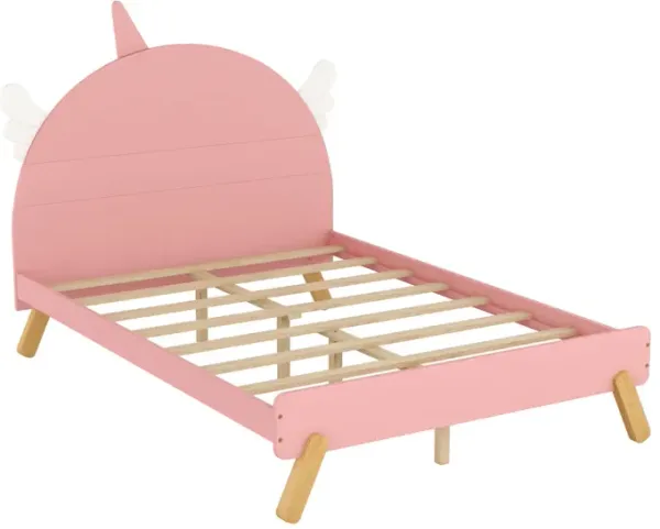 Wooden Cute Bed With Unicorn Shape Headboard, Full Size Platform Bed, Pink